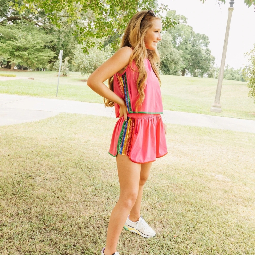 NWOT Queen of Sparkles Pink Rainbow Side Athletic Set - L